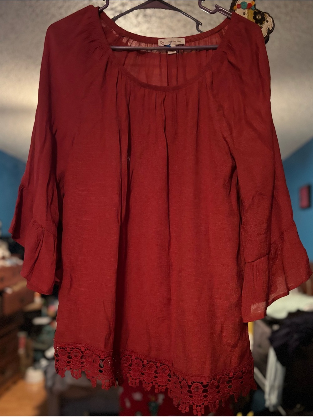Dress Barn Brick Red Peasant Tunic with Crochet Hem